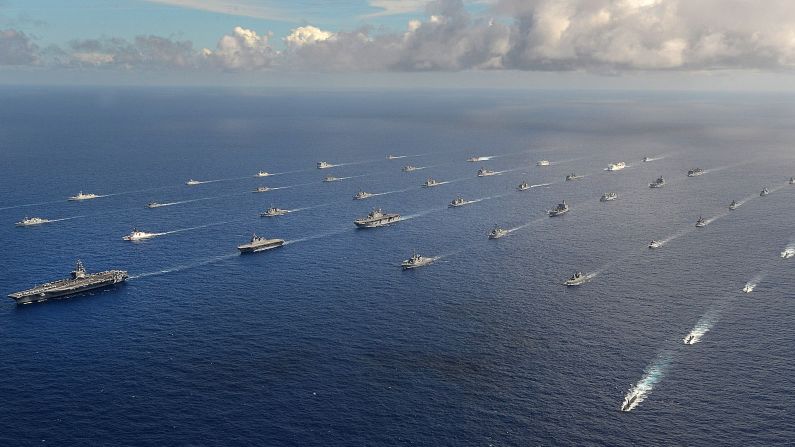 Forty-two ships and submarines representing 15 partner nations maneuver at a close formation during the Rim of the Pacific, or RIMPAC, exercise Friday, July 25. The exercise, which originated in 1971 and has been held every two years since 1974, is the world's largest international maritime exercise, according to the U.S. Navy's Pacific Fleet. This year, 55 vessels, 200 aircraft and 25,000 personnel participated. The 37-day exercise ends Friday.