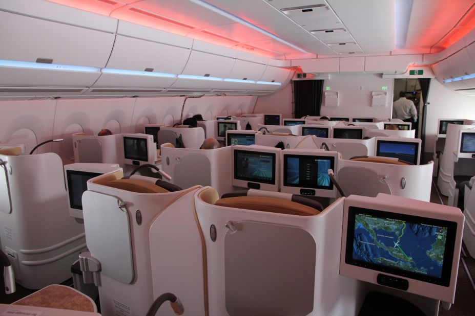 The business class cabin. The first customer for the new plane is Qatar Airways, with delivery slated for December. The aircraft is going through its final tests to gain certification to come into service.