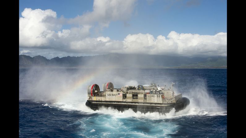 A Landing Craft Air Cushion departs the well deck of the USS Rushmore during an exercise on July 12.