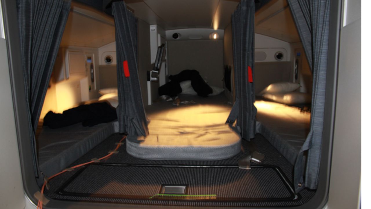 The rest area for cabin crew has six berths. 
