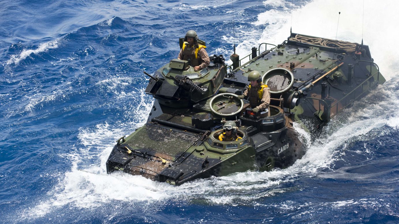 An amphibious assault vehicle approaches the USS Rushmore after small boat operations exercises on July 8.