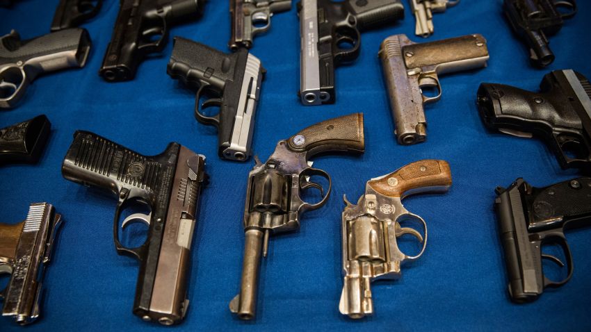 NEW YORK, NY - AUGUST 19:  Guns seized by the New York Police Department (NYPD), in the largest seizure of illegal guns in the city's history, are displayed on a table during a press conference on August 19, 2013 in New York City. The operation, which involved an undercover agent buying guns that were smuggled from North Carolina and South Carolina, yielded over 250 guns. ninteen people have been charged in the operation.  (Photo by Andrew Burton/Getty Images)