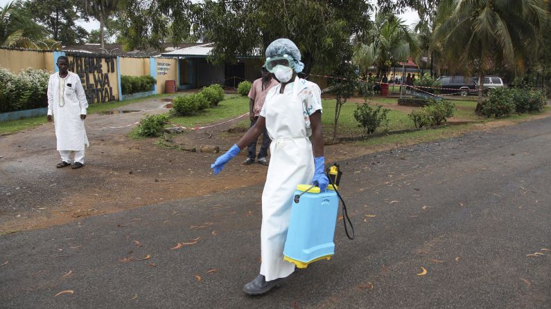 A nurse from Liberia prepares to disinfect the visitor waiting area at the ELWA Hospital in Monrovia, Liberia on Monday, July  28.  <a href="http://edition.cnn.com/2014/07/27/world/africa/ebola-american-doctor-infected/" target="_blank">American doctor Kent Brantly</a> is being quarantined in the hospital's isolation unit after contracting the Ebola virus.<a href="http://www.cnn.com/2014/03/27/world/ebola-virus-explainer/" target="_blank"> The deadliest Ebola outbreak </a> on record is centered in the West African nations of Guinea, Sierra Leone and Liberia, where authorities have been working to contain the virus.