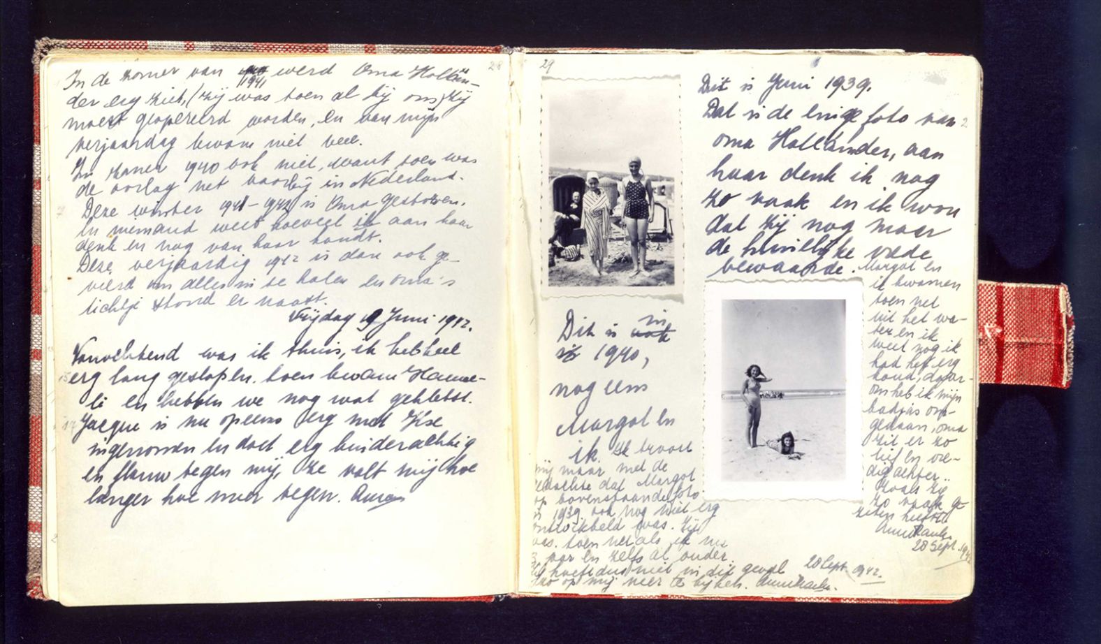 A handwritten page of Anne's diary includes photos of herself on the beach during a holiday with her sister, Margot. The two sisters would live hidden in the annex with their father; their mother, Edith; and another family.
