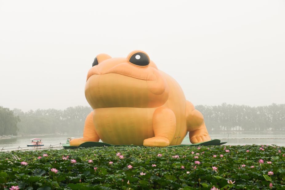 The 72-feet-tall toad floats on a giant lily pad in Yuyuantan Park. It was installed two weeks ago.