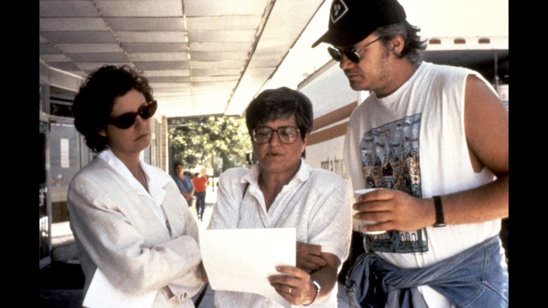 Prejean on the set with Susan Sarandon and Tim Robbins during the filming of "Dead Man Walking."