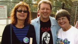 Prejean with actress Susan Sarandon, who won an Oscar for her portrayal of the nun, and Father Roy Bourgeois at protest in Fort Benning.