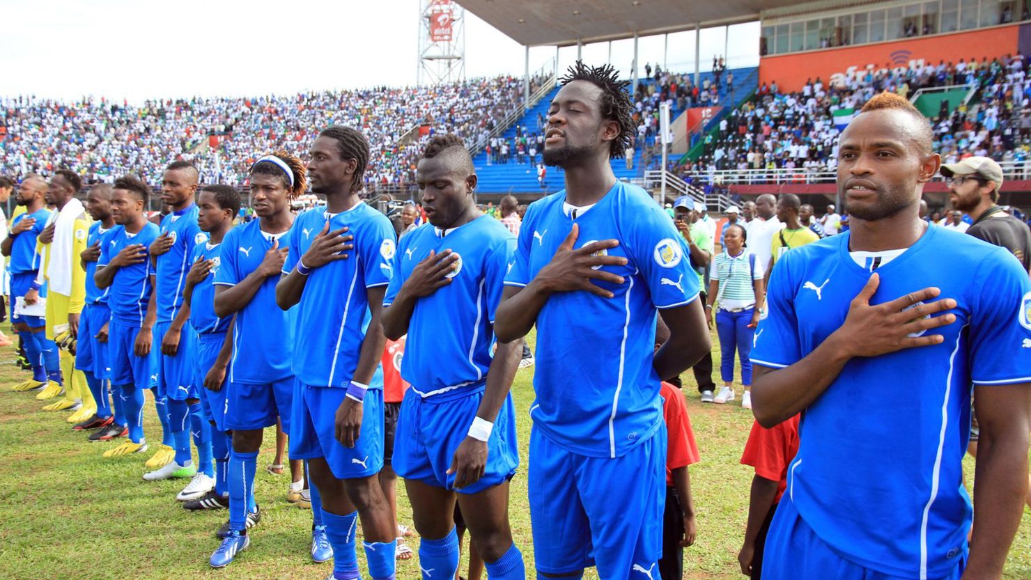 The Sierra Leone football team line up before a World Cup qualifying match against Tunisia in June 2013.
