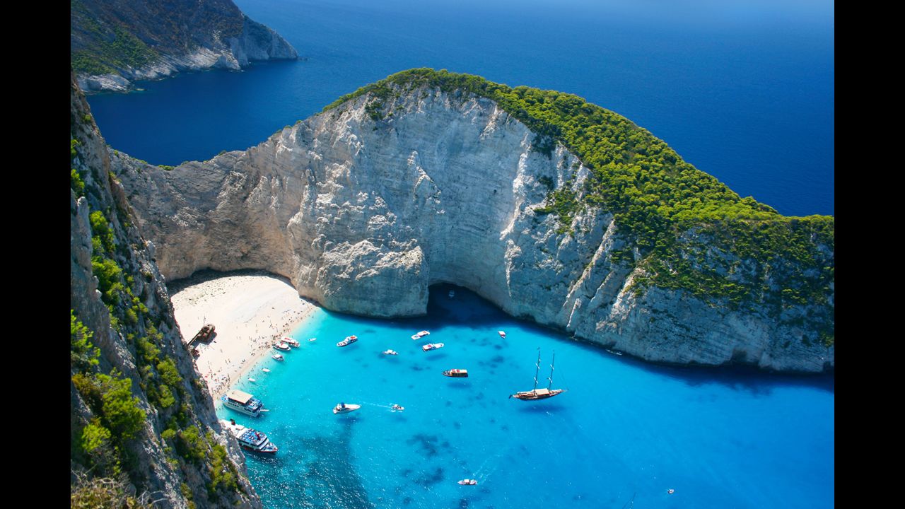 Only accessible by boat, secluded Navagio Beach on the Ionian Island of Zakynthos is one of Greece's most beautiful stretches of sand.