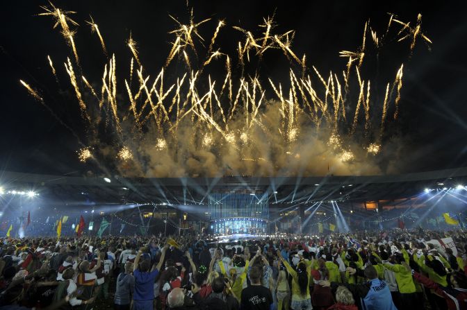 Fireworks light up the sky during the closing ceremony at Hampden Park in Glasgow.