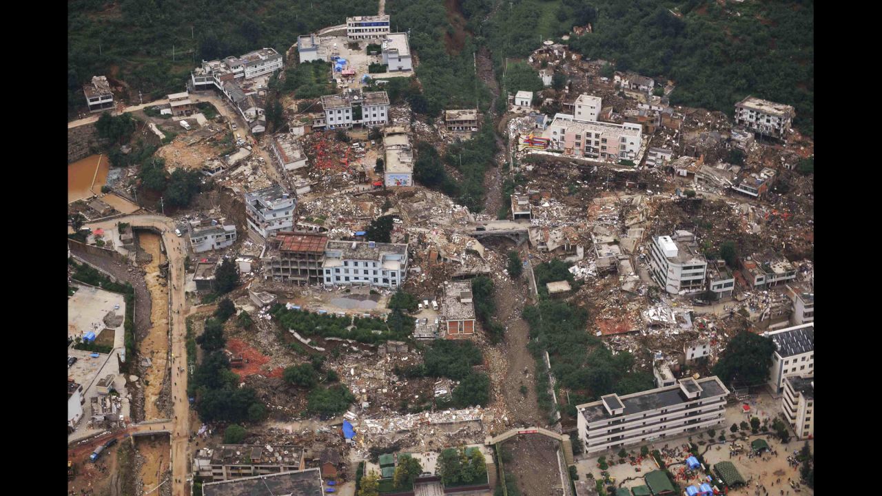 Buildings in Longtoushan are seen crumbled on August 4. The day before, the quake struck at 4.30 p.m. local time (4.30 a.m. ET).