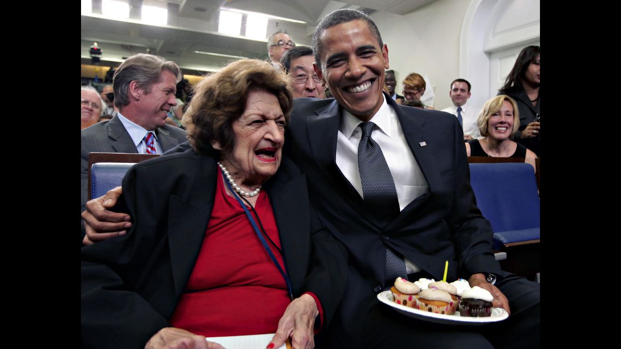 Reporter Helen Thomas celebrates her 89th birthday with President Barack Obama, celebrating his 48th birthday, at the White House.