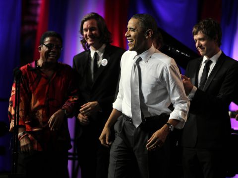 Jazz musician Herbie Hancock, left, and members of OK-go are onstage as President Barack Obama celebrates his 50th birthday in Chicago in August 2011.