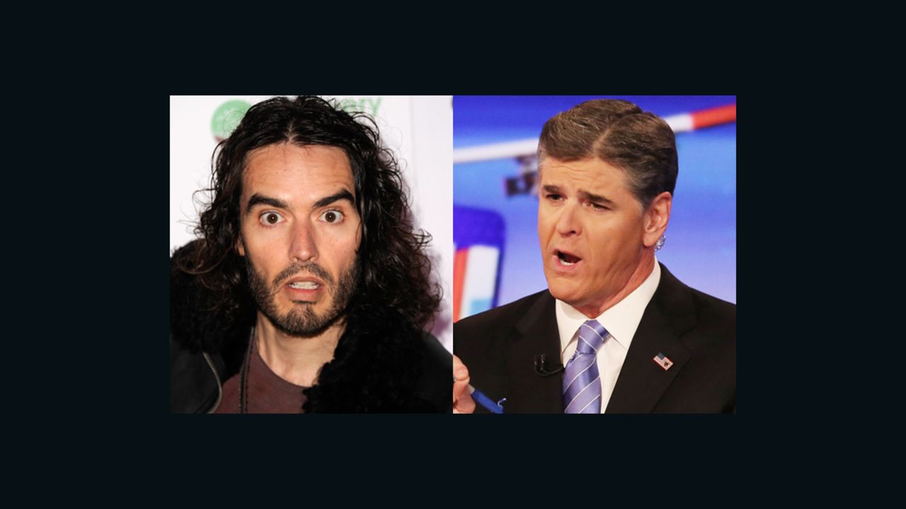 Actor Russell Brand (L) has labeled Fox News' Sean Hannity (R) a "terrorist" over his TV grilling of a Palestinian guest.