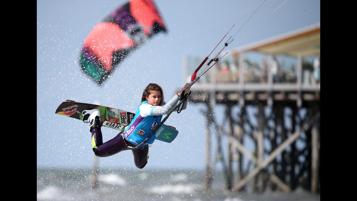 Gisela Pulido jumps while competing Sunday, August 3, during the Kitesurf World Cup event in St. Peter-Ording, Germany.