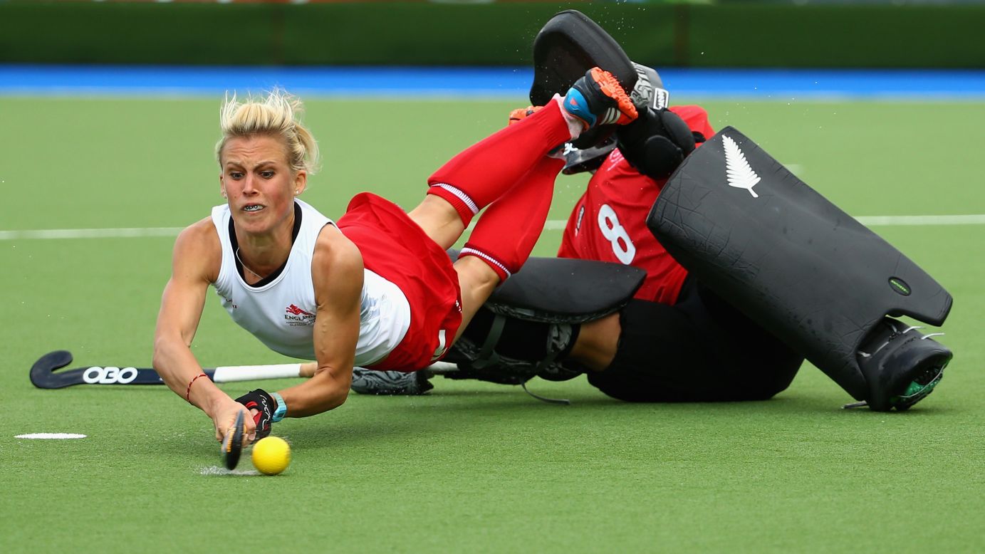 English field hockey player Alex Danson shoots Friday, August 1, during the semifinal match against New Zealand at the Commonwealth Games in Glasgow, Scotland. England won but had to settle for the silver medal after losing to Australia in the final.