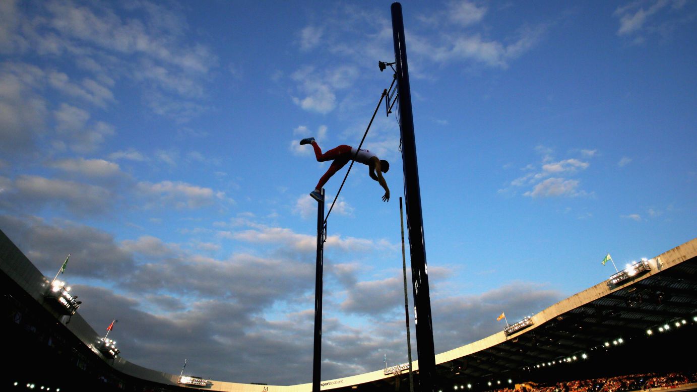 Steven Lewis of England competes in the pole vault Friday, August 1, at the Commonwealth Games in Glasgow, Scotland. He won after clearing 5.55 meters (18.04 feet).