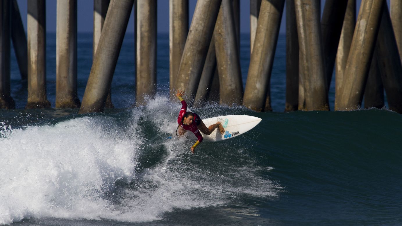 Johanne Defay wins her heat Thursday, July 31, at the U.S. Open of Surfing in Huntington Beach, California. Defay lost in the quarterfinals of the women's event. Australian Tyler Wright defeated Stephanie Gilmore in the final.