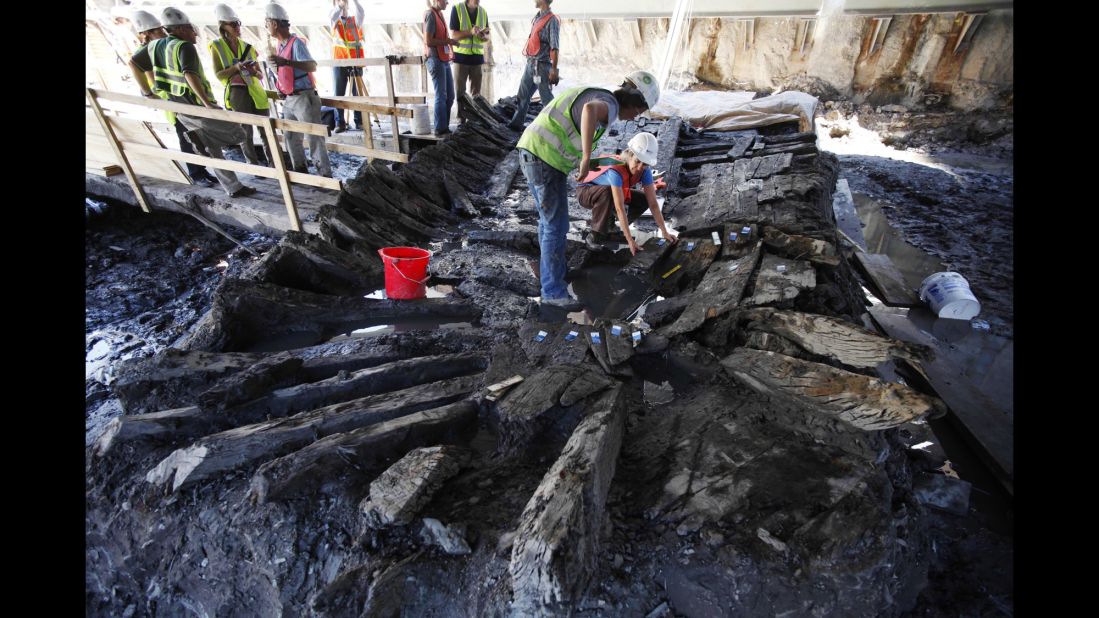 In July 2010, a pair of archeologists begin dismantling the remains of a wooden ship that was found at the World Trade Center construction site in New York. The hull of the ship has been traced back to colonial-era Philadelphia, according to researchers at the Tree Ring Research Laboratory at the Lamont-Doherty Earth Observatory of Columbia University.