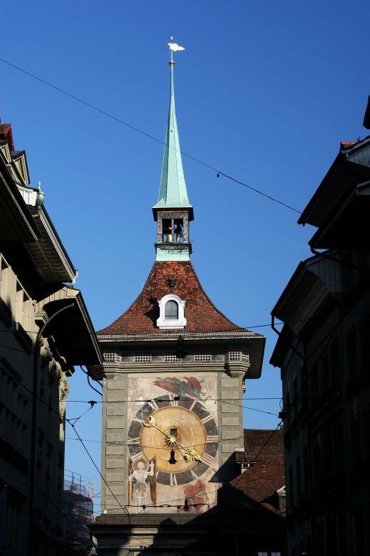 <strong>Zytglogge Tower, Bern, Switzerland</strong><br /><strong>Completed: </strong>1405 (rebuilt in 1527)<br /><strong>Height: </strong>16 meters (52 feet)<br /><strong>Observation deck</strong> <br />A 50-minute tour ($16) starts daily at 2:30 p.m. <a href="http://www.bern.com/en/activities/city-tours/public-city-tours/clock-tower-tour" target="_blank" target="_blank">Reservation required</a>.<br /><strong>Special features</strong><br />Figurines next to the clock rotate, and every hour a larger figure appears to hammer the gilded bell that rings at the top of the tower. Apart from time, the astronomical clock also features a lunar dial, 12 zodiac signs, a calendar dial and a planisphere (star chart).<br /><strong>Historic uses</strong><br />The Clock Tower served as Bern's first western city gate during the city's expansion around 1220. It was transformed briefly into a prison before becoming a clock tower.<br /><a href="http://www.bern.com/en/activities/city-tours/public-city-tours/clock-tower-tour" target="_blank" target="_blank"><em>Bern's Clock Tower</em></a><em> (Zytglogge), Bahnhofplatz 10a, 3011 Bern, Switzerland</em>