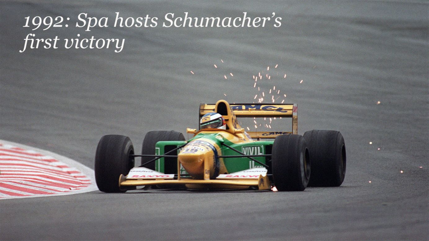 Schumacher's debut at Spa, however, was one to forget. He lasted just one lap with the Jordan team in 1991, but he enjoyed more success at the following year's race. <br /><br />After a controversial move to Benetton, the young German claimed the first of his record 91 career wins, excelling in the wet conditions.<br /><br />The 1992 event would also be remembered for Senna stopping during qualifying to come to the aid of Ligier-Renault driver Erik Comas, who had passed out in his car after crashing.