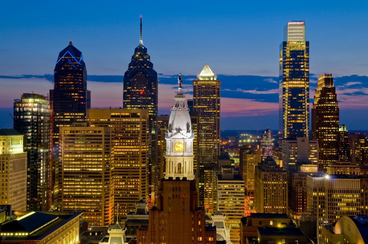 <strong>CITY -- Philadelphia, Pennsylvania:</strong> Sleek, modern buildings dominate Philadelphia's skyline. City Hall and its impressive clock tower, designed in the Second Empire style, are front and center. 