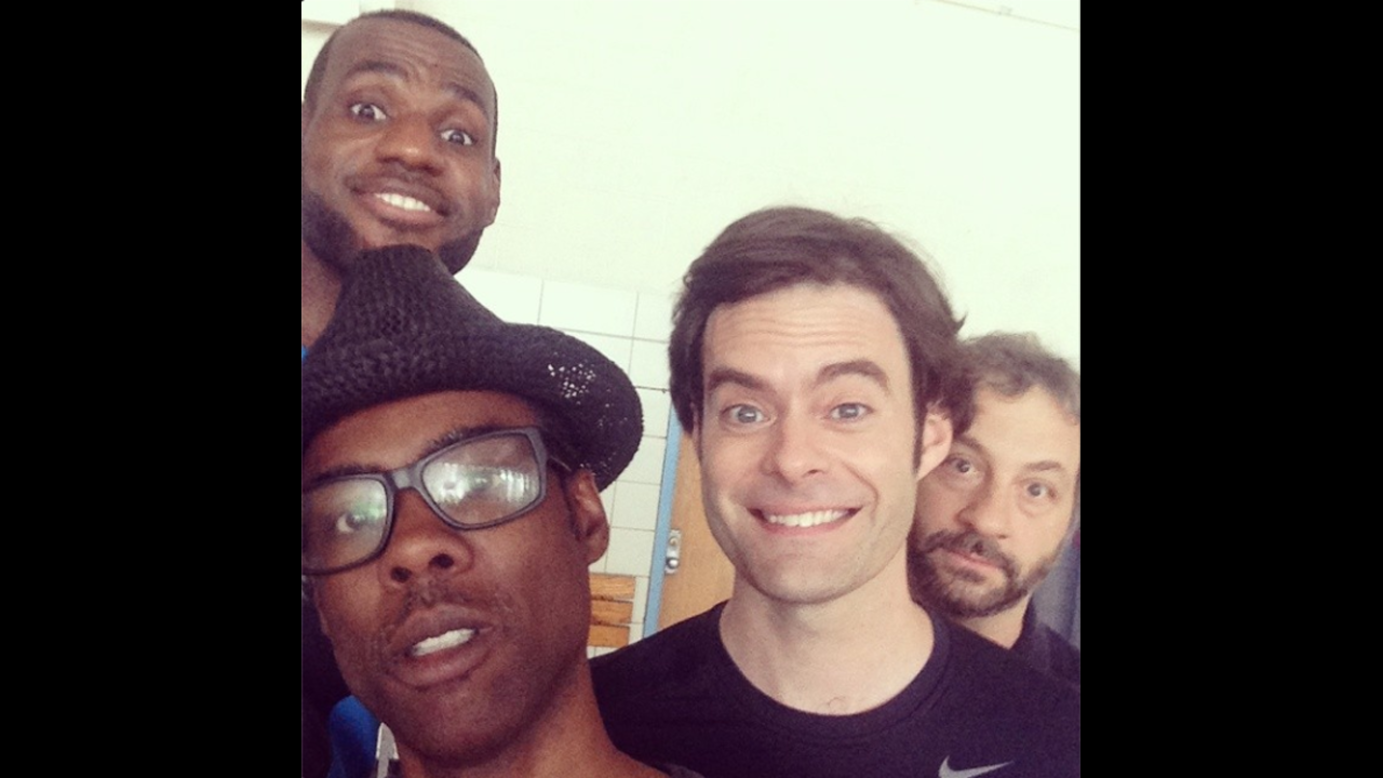 From left, basketball star LeBron James, comedian Chris Rock, actor Bill Hader and director Judd Apatow pose for a selfie on the set of the upcoming film "Trainwreck." James posted this <a href="http://instagram.com/p/rKOIAyiTPP/" target="_blank" target="_blank">to his Instagram account</a> on Friday, August 1. "LaughsAllDay" was among the many hashtags.