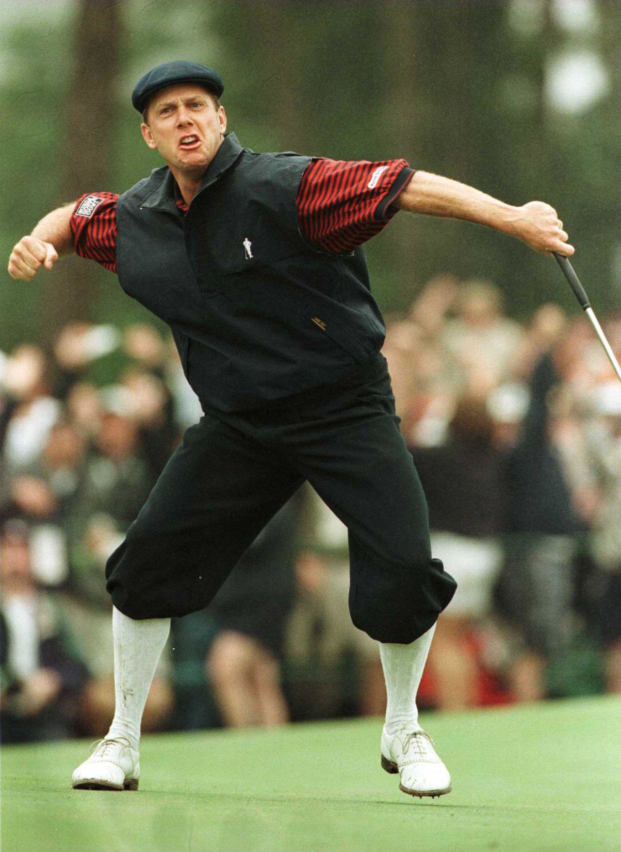An emotional Payne Stewart celebrates sinking the winning putt at a rainy Pinehurst in 1999 to claim the U.S. Open, his third and final major title.<br /><br />Stewart would tragically lose his life in a plane crash just months later.<br /><br />"To have taken this image is very poignant and the phrase 'every picture tells a story' is so true as it brings back great memories of one of the truly, brilliantly nice people in golf," reflected Cannon.