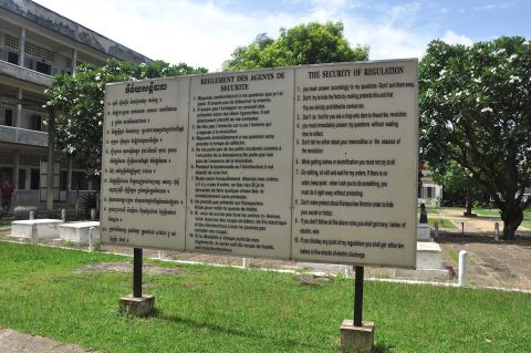 "While getting lashes or electrification you must not cry at all." A display at the Tuol Sleng Genocide Museum shows the 10 rules prisoners were forced to follow at S-21 prison. 