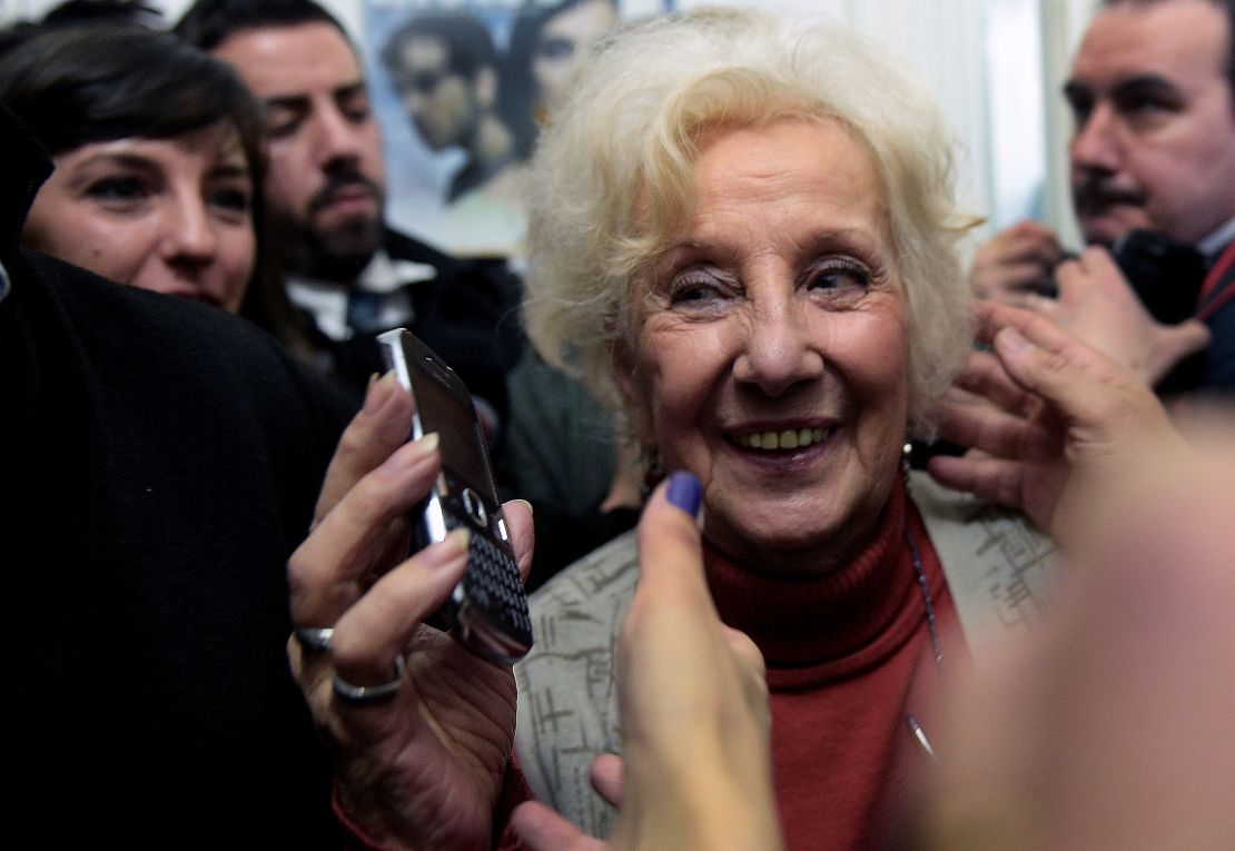 Estela Carlotto smiles after announcing the recovery of her grandson Guido --the son of her daughter Laura missing in 1976 and the 114th person identified by the group-- in Buenos Aires on August 5, 2014.