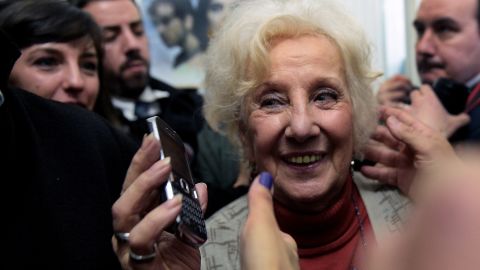 Estela Carlotto smiles after announcing the recovery of her grandson Guido --the son of her daughter Laura missing in 1976 and the 114th person identified by the group-- in Buenos Aires on August 5, 2014.