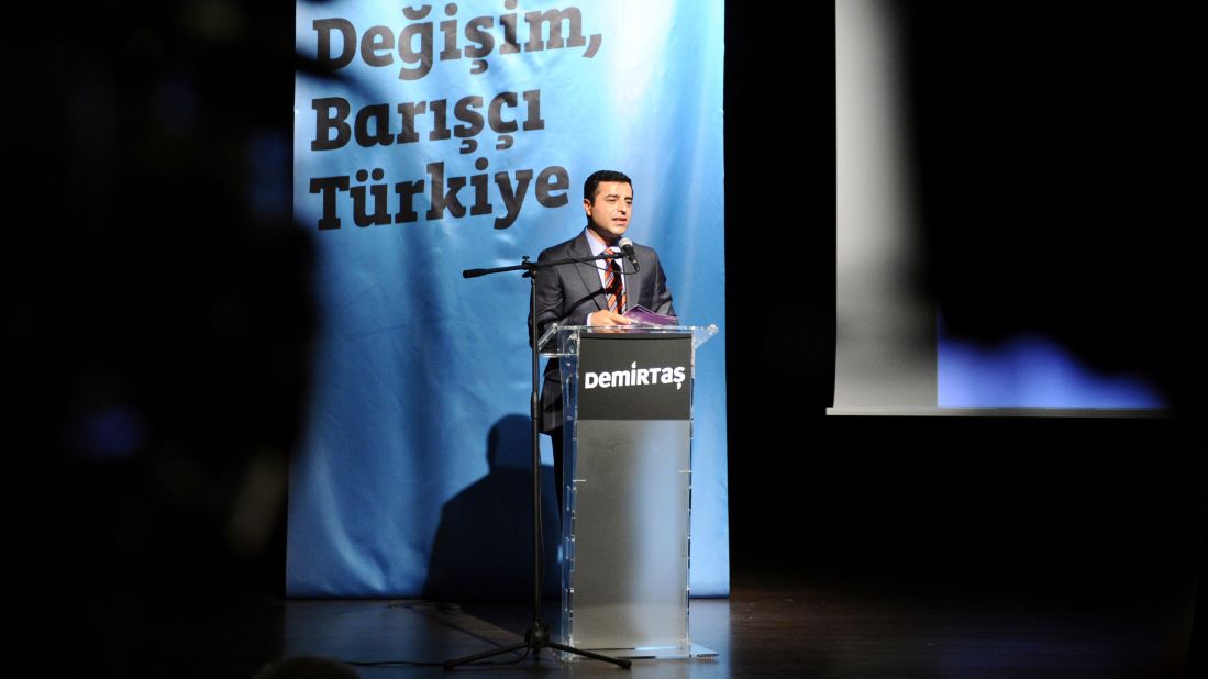 Demirtas speaks during a campaign rally Tuesday, July 15, in Istanbul.