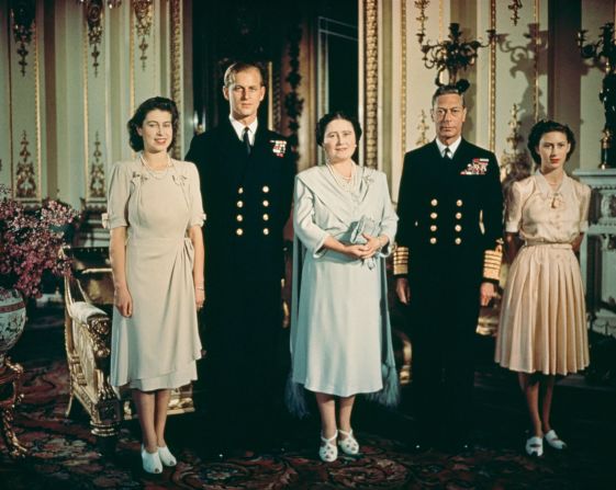 This portrait of the British royal family was taken in July 1947, after Princess Elizabeth, far left, got engaged to Prince Philip of Greece, a lieutenant in the British Navy. He is second from left. To his left are Queen Elizabeth, King George VI and Princess Margaret.