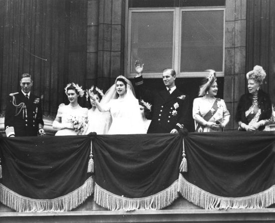 The Royal Wedding Party waves from the balcony of Buckingham Palace on November 20, 1947. After becoming a British citizen and renouncing his Greek title, Philip became His Royal Highness Prince Philip, Duke of Edinburgh. His wife became the Duchess of Edinburgh.