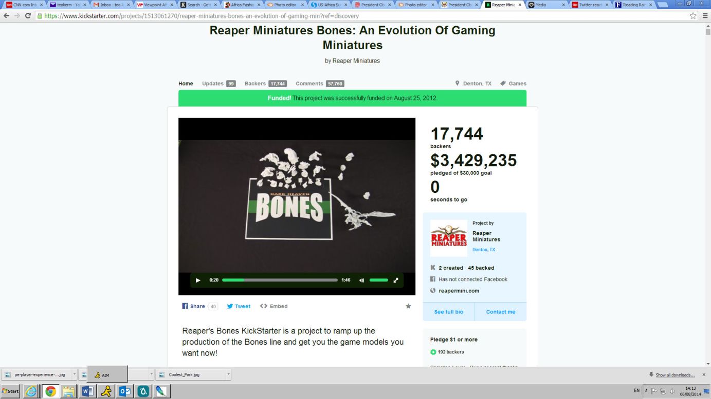 Reaper Miniatures Bones: An Evolution of Gaming Miniatures: recaudó 3,4 millones de dólares de una meta de 30.000 dólares, 17.744 patrocinadores. Actualmente se encuentra en la posición no. 10 de las campañas con mayor financiamiento en Kickstarter, el proyecto de Reaper apuntaba a aumentar la producción de la popular línea de miniaturas Bones.