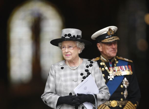 Queen Elizabeth II and Prince Philip leave London's St. Paul's Cathedral on October 9, 2009, following a commemoration service to mark the end of combat operations in Iraq.