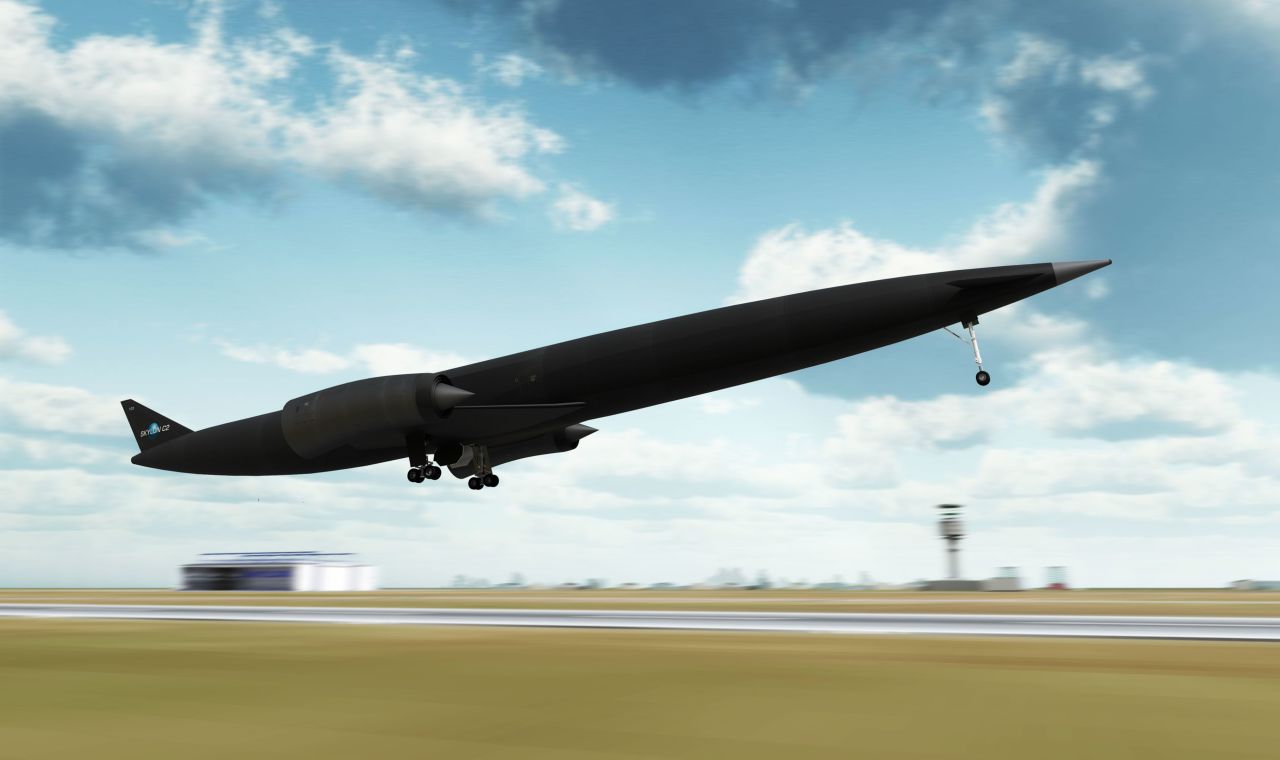 Design image of the Skylon spacecraft taking off. This radical redesign uses a horizontal take off and landing system, and is 100% reusable, offering more frequent, cheaper and deeper flights into space. 
