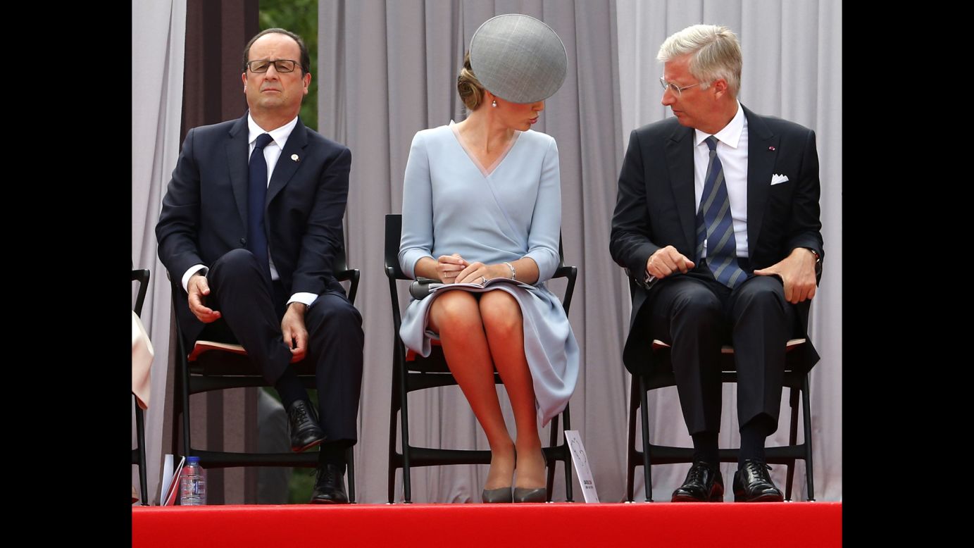 From left, French President Francois Hollande, Belgium's Queen Mathilde and Belgium's King Philippe attend a ceremony at the Cointe Inter-allied Memorial in Liege, Belgium, to commemorate the 100th anniversary of World War I on Monday, August 4. 