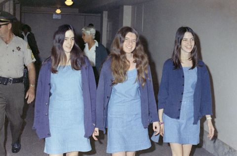 From left, Susan Atkins, Patricia Krenwinkel and Leslie Van Houten walk to court to appear for their roles in the murders. 