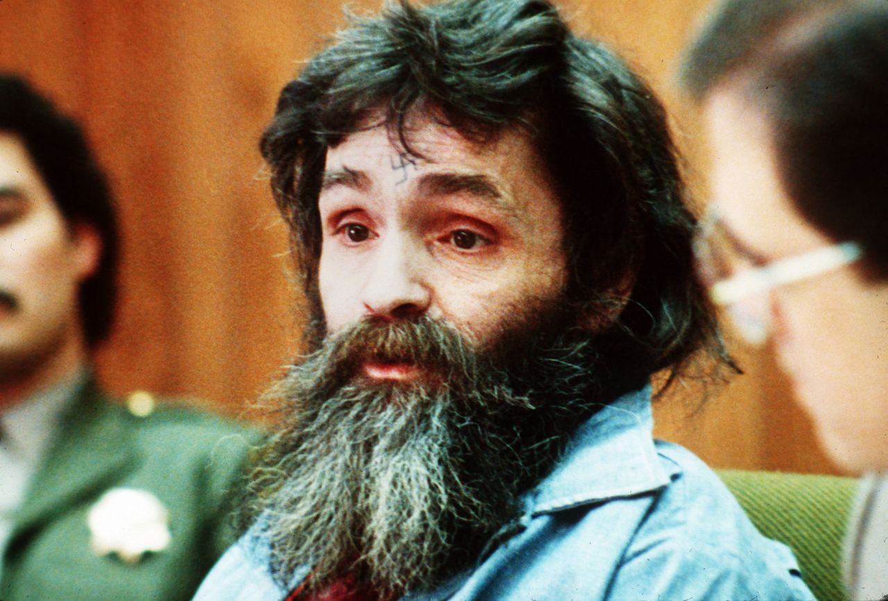 Manson is seen in court during a parole hearing in 1986.  He was denied for the sixth time. 