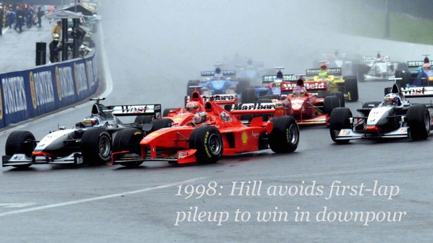 Heavy rain was the story of the 1998 Belgian Grand Prix at Spa, with the slippery conditions and low visibility leading to a huge 13-car crash at the first turn.<br /><br />The precipitation continued all day and only eight drivers finished the race, with Britain's Damon Hill claiming victory for Jordan -- the 1996 world champion's only win that season, and the last of his career.