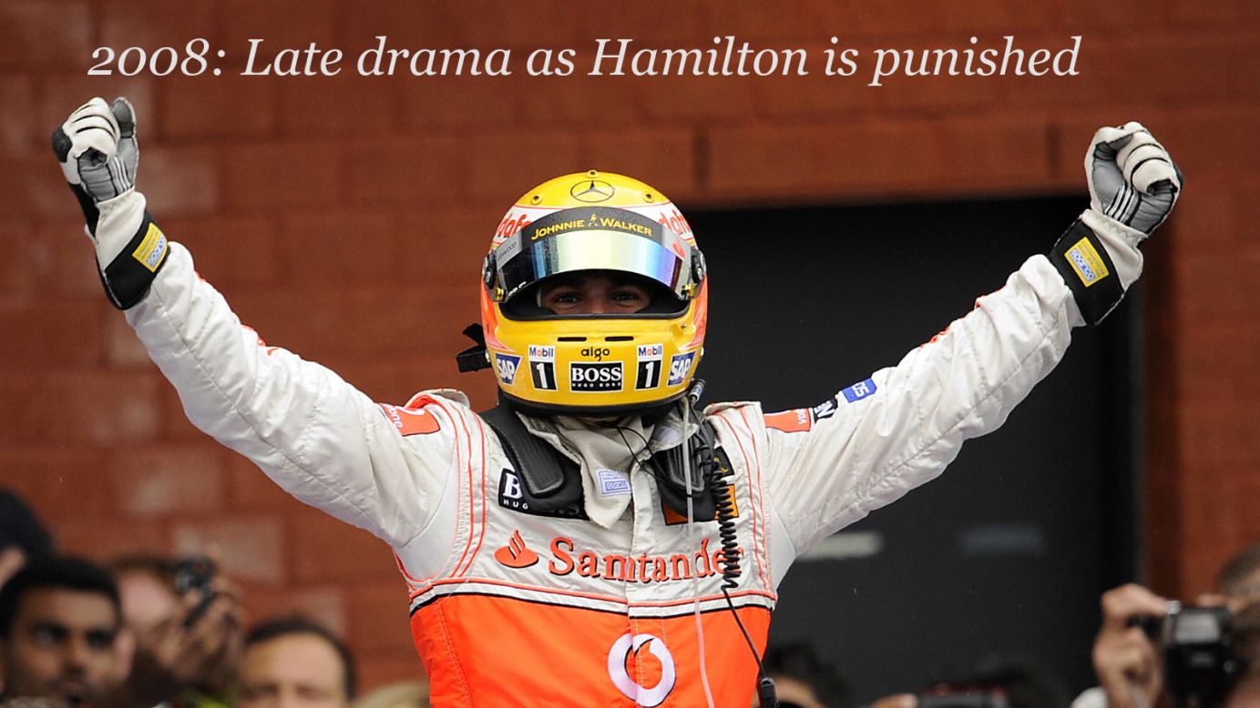 Lewis Hamilton thought he had won the 2008 Belgian GP after a dramatic penultimate lap.<br /><br />On a soaking track, Hamilton passed Raikkonen before spinning, which allowed the Finn to regain the lead. Raikkonen then spun himself moments later before crashing into a wall.<br /><br />Hamilton cruised home for what looked like his maiden Spa victory, but race stewards later slapped a 25-second drive-through penalty on the British driver for cutting a corner to overtake his Ferrari rival. <br /><br />The penalty meant Hamilton dropped down to third place, with Ferrari's Felipe Massa claiming the win -- but it did not stop the young McLaren racer from going on to claim his first world title by just a point from the Brazilian.