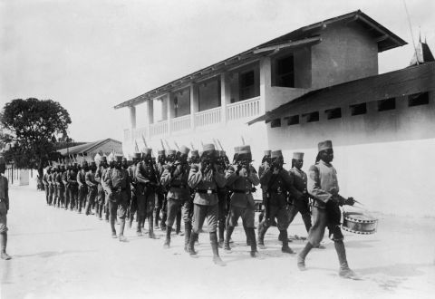 Locally recruited troops under German command in Dar Es Salaam, Tanzania (then part of German East Africa), circa 1914.