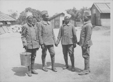 Senegalese soldiers at a Sudanese camp during World War One, circa 1914-1918.