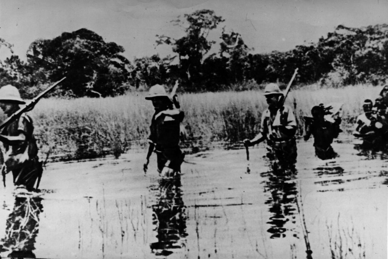 Allied troops in pursuit of von Lettow-Vorbeck in November 1918 when he was down to his last 1,300 men in Northern Rhodesia (now Zambia) in his attack on the Allied support lines.