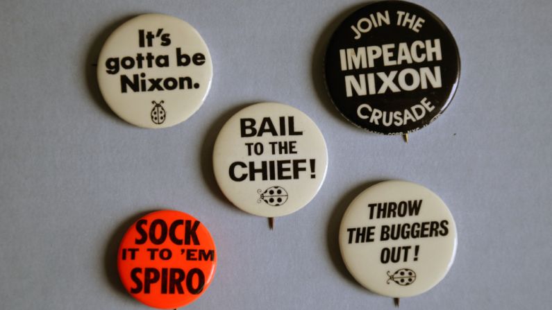 August 9, 1974, Richard Nixon resigned the presidency in disgrace. That summer brought not only the specter of impeachment hearings on Capitol Hill, but prompted entrepreneurs to produce a series of 'campaign-style' anti-Nixon buttons. Today they are prized by political memorabilia collectors -- a souvenir from that summer of Watergate.<br />Learn how a "third-rate burglary" brought down a presidency on "The People vs. Richard Nixon" part of the CNN Original Series "<a href="index.php?page=&url=https%3A%2F%2Fwww.cnn.com%2Fshows%2Fthe-seventies" target="_blank">The Seventies</a>," Thursdays at 9 p.m. ET/PT.