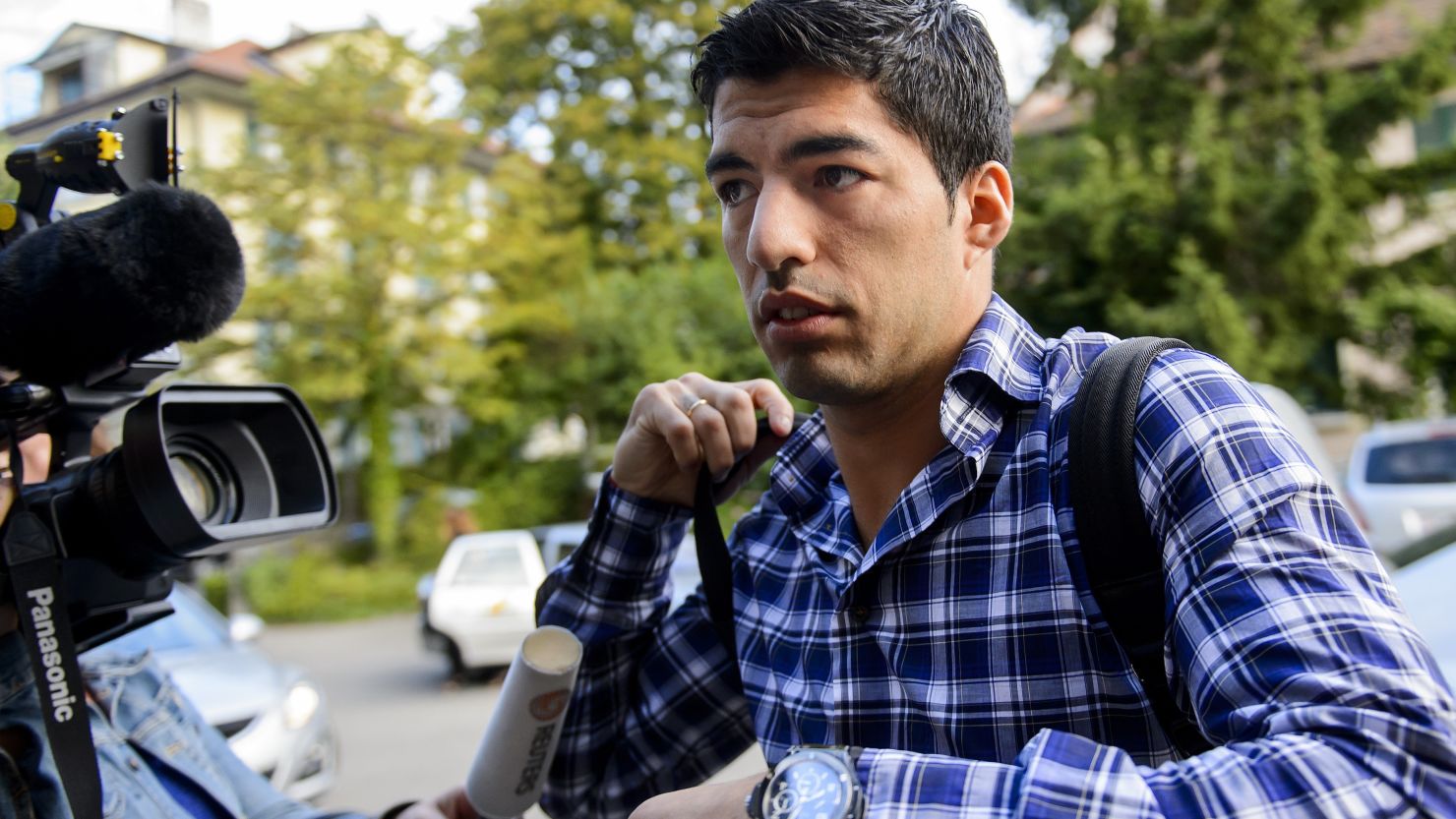Luis Suarez arrives for his appeal at the CAS in Lausanne against his four-month biting ban imposed by FIFA.