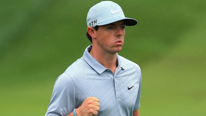 Rory McIlroy celebrates his superb eagle on the 18th during his second round 67 at the PGA Championships.