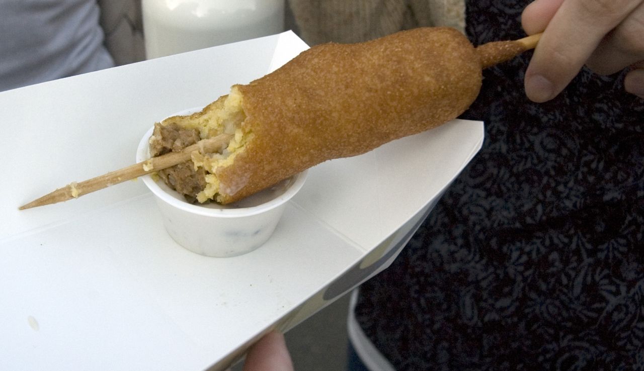 "Hotdish" is a Midwestern delight, usually served in casserole form, that involves ground meat, some type of vegetable and starch all mixed together with cream of mushroom soup. In this version, it was all mushed together on a stick, deep-fried and served with a cream of mushroom dipping sauce on the side.