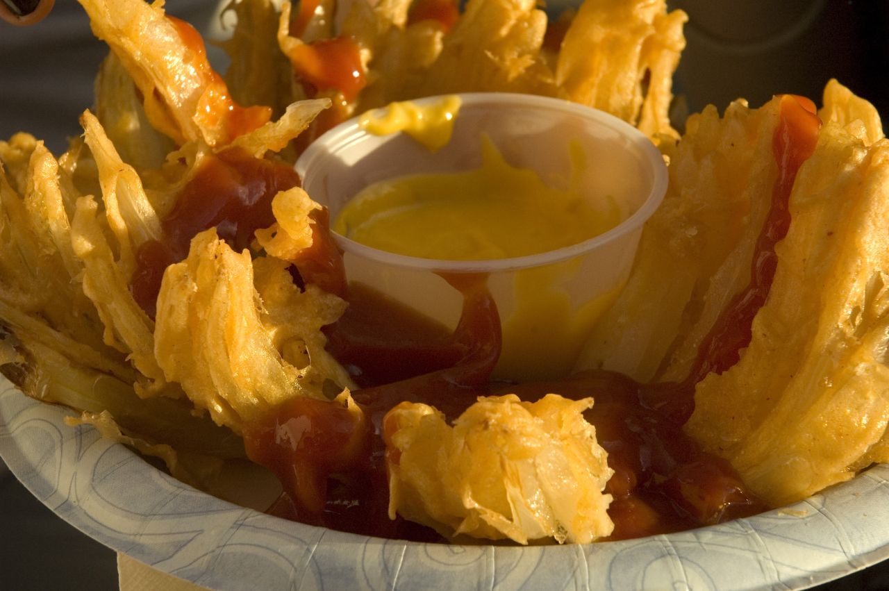 The fair grounds were in full bloom with flowering fried onions covered in cheese sauce and ketchup.